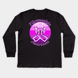 Fibromyalgia Awareness Retro Sunset Mystic Ribbon and Butterfly Kids Long Sleeve T-Shirt